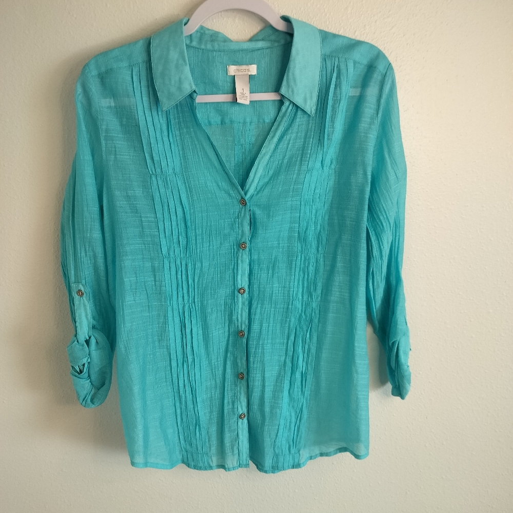 Chico's Turquoise long sleeve‎ blouse Size 1 (US8) Coastal Bohemian Resort